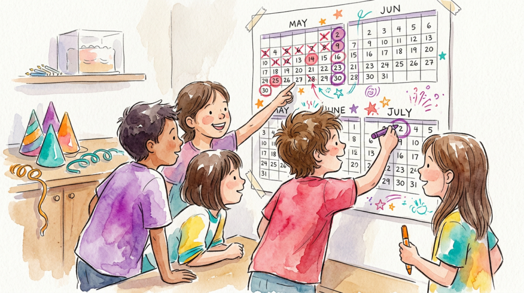 Kids marketing dates on a calendar