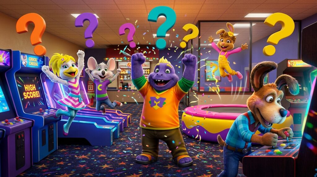 Chuck E. Cheese characters celebrating in arcade