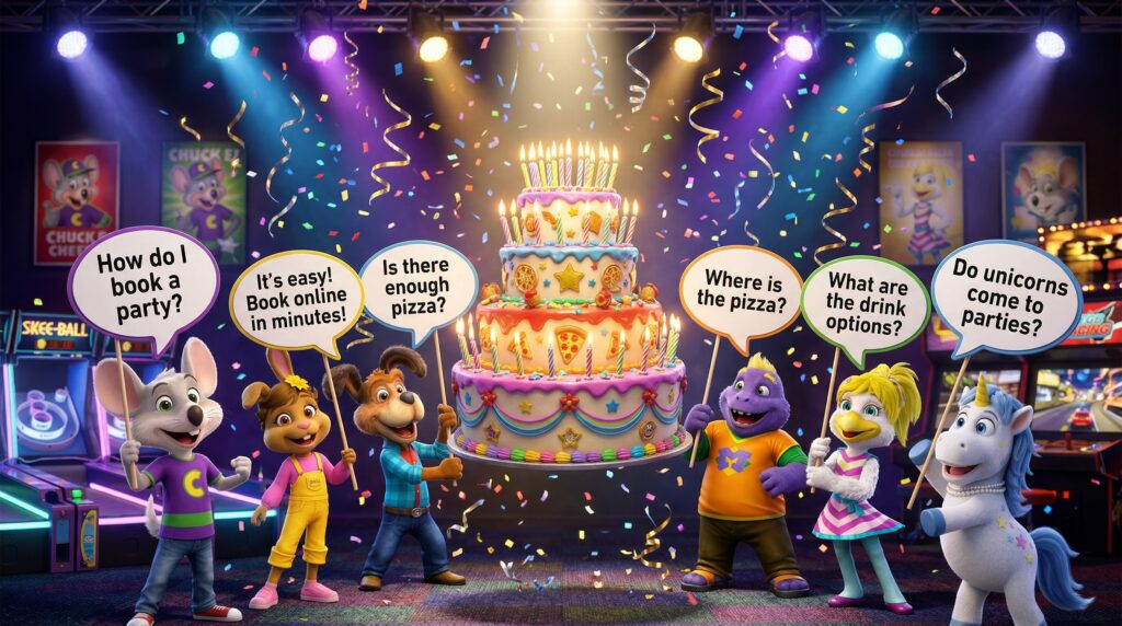 Colorful birthday party with Chuck E. Cheese characters