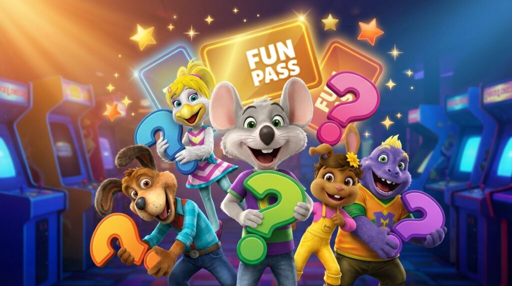 Chuck E. Cheese characters with question marks