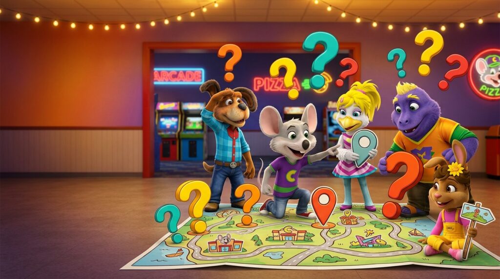 Chuck e. Cheese characters reviewing a map
