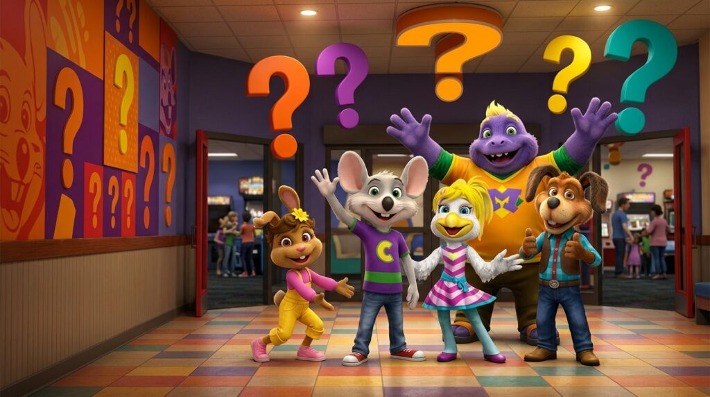 Chuck E. Cheese characters welcoming guests