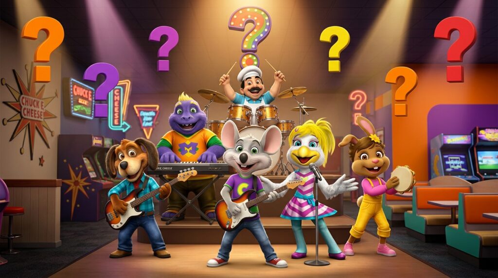 Chuck E. Cheese characters playing instruments