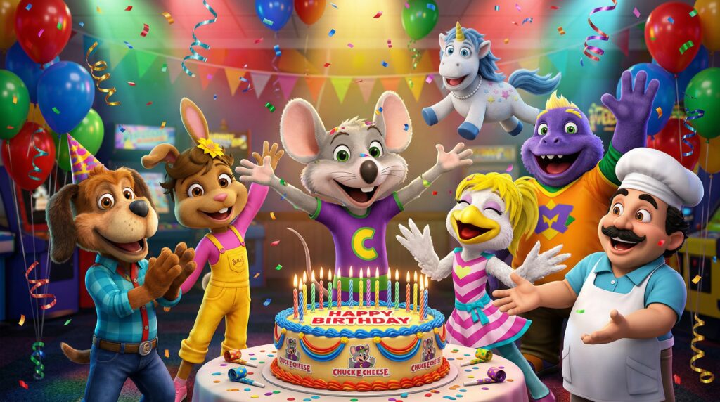 characters celebrating a birthday at chuck e cheese
