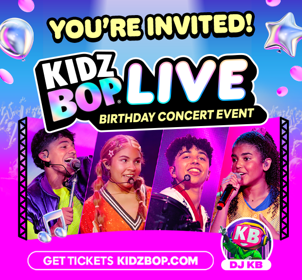 Concert invitation with four Kidz Bop singers on stage, balloons, lights; text for Kidz Bop Live Birthday Concert Tour