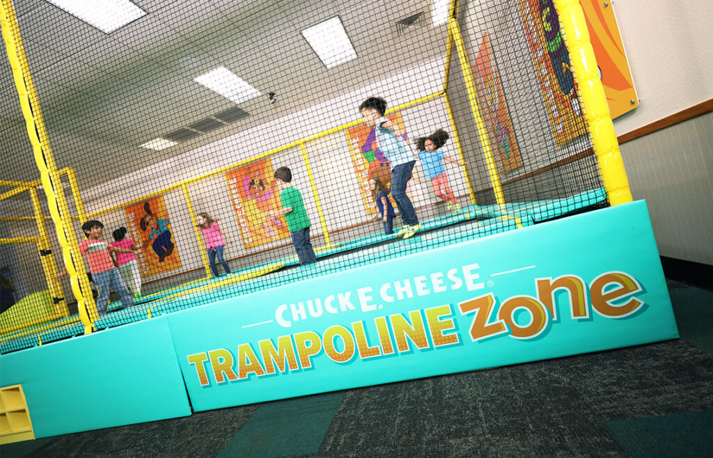 Kids bounce with pure joy on the enclosed Trampoline Zone at Chuck&nbsp;E.&nbsp;Cheese