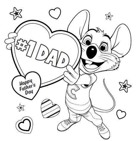 Chuck E. Cheese mouse holds “#1 DAD” heart; “Happy Father’s Day,” stars, and hearts decorate this black-and-white coloring page.