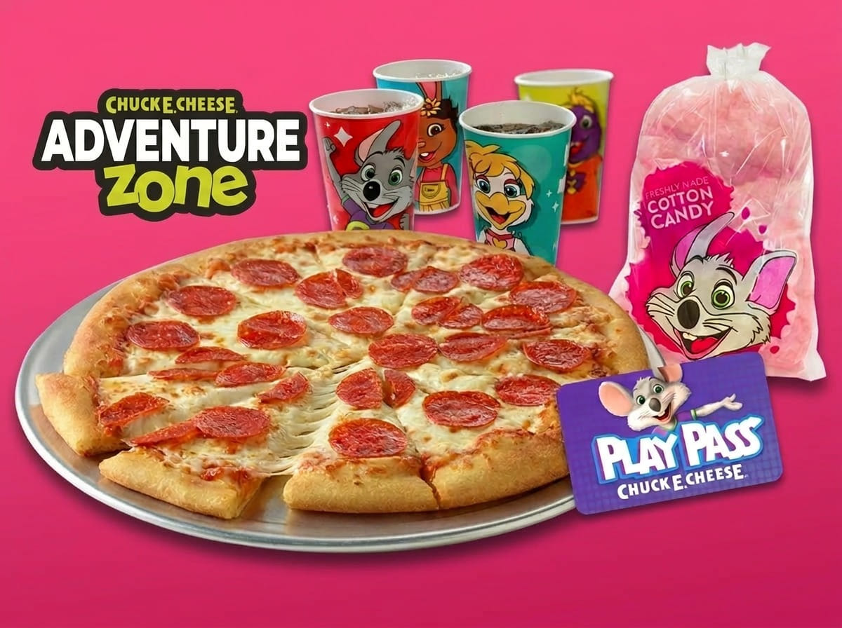 Adventure Zone logo, Pizza, drinks, cotton candy, and a Play Pass card