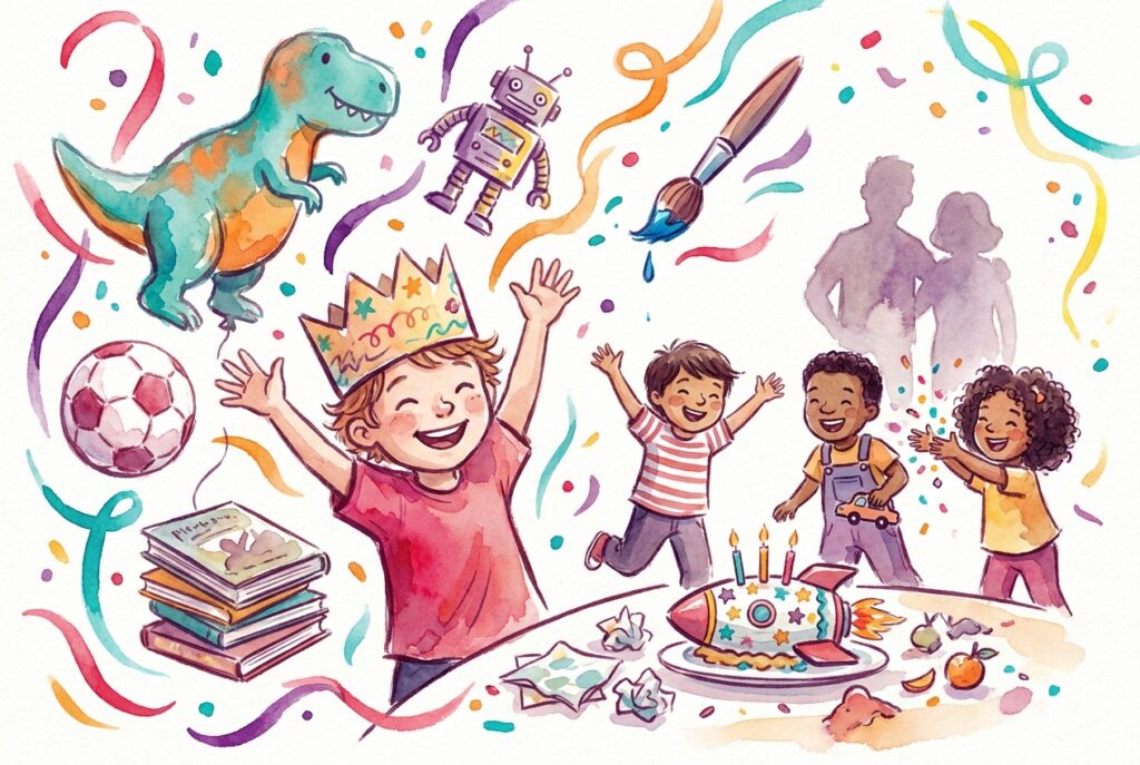 Child in crown celebrates birthday at Chuck E. Cheese with cake, pizza, Fun Pass, arcade games, friends, adults, and streamers.