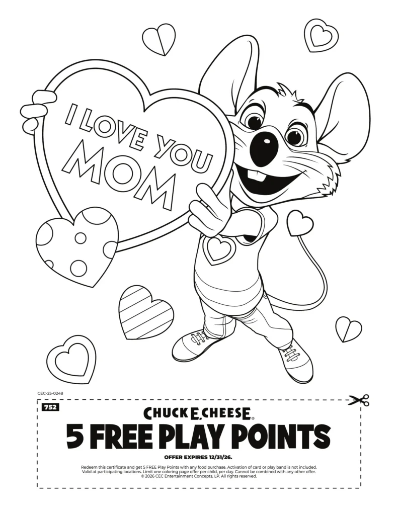 Cartoon Chuck E. holds a heart saying I LOVE YOU MOM