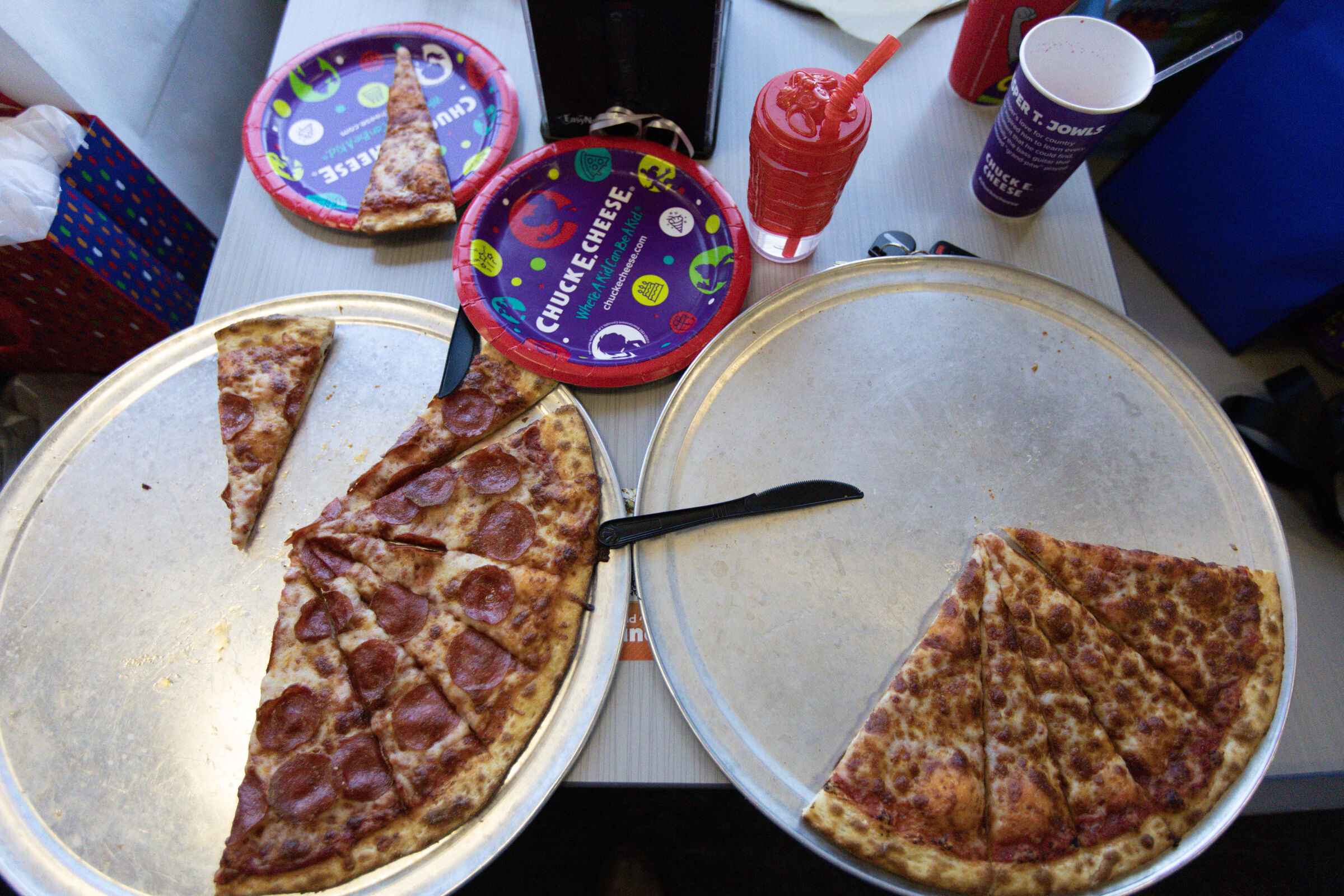 Two fresh pizzas from Chuck E. Cheese served during a Sensory Sensitive Sundays event