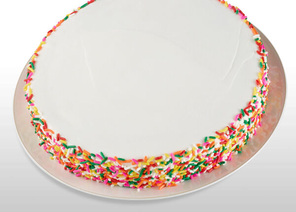 Birthday cake with white icing and rainbow sprinkles served at a Chuck E. Cheese birthday party