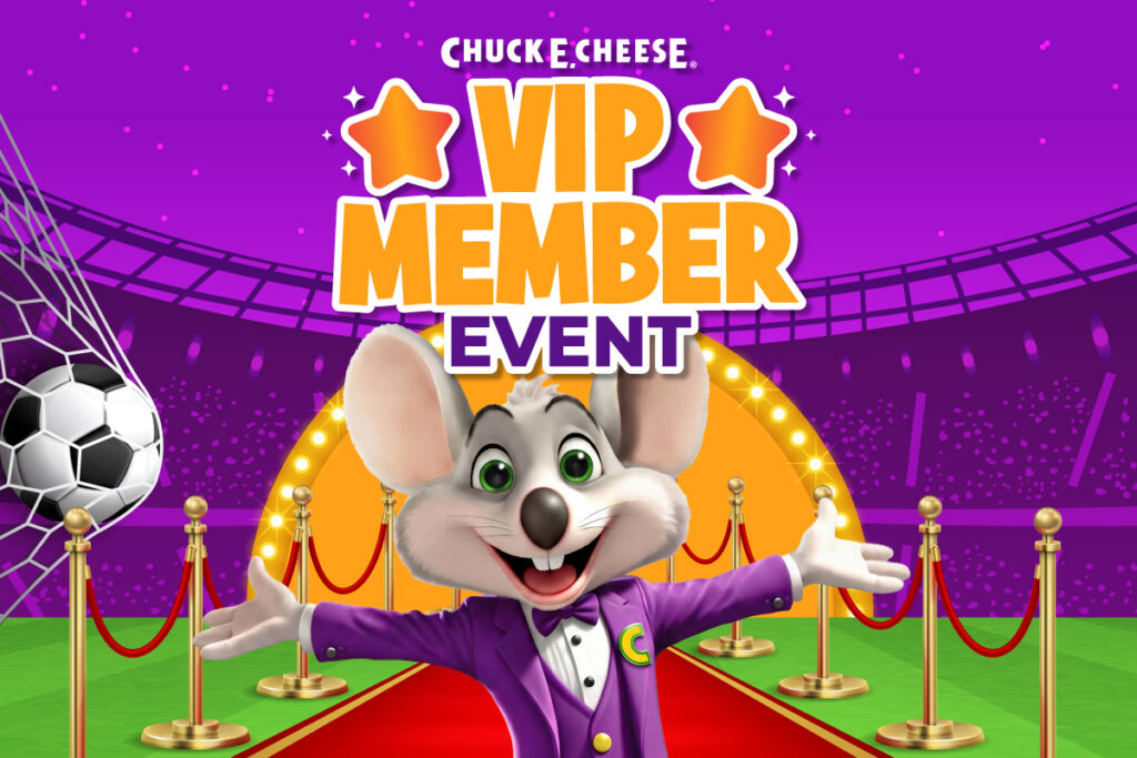 Chuck E. Cheese welcoming guests to a VIP Member Event on a red carpet in a stadium setting.