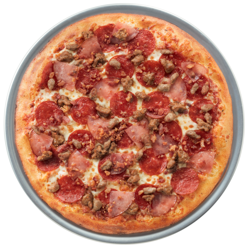 Pepperoni, sausage, ham, and bacon pizza on silver tray at Chuck E. Cheese family fun center; perfect for pizza and games.
