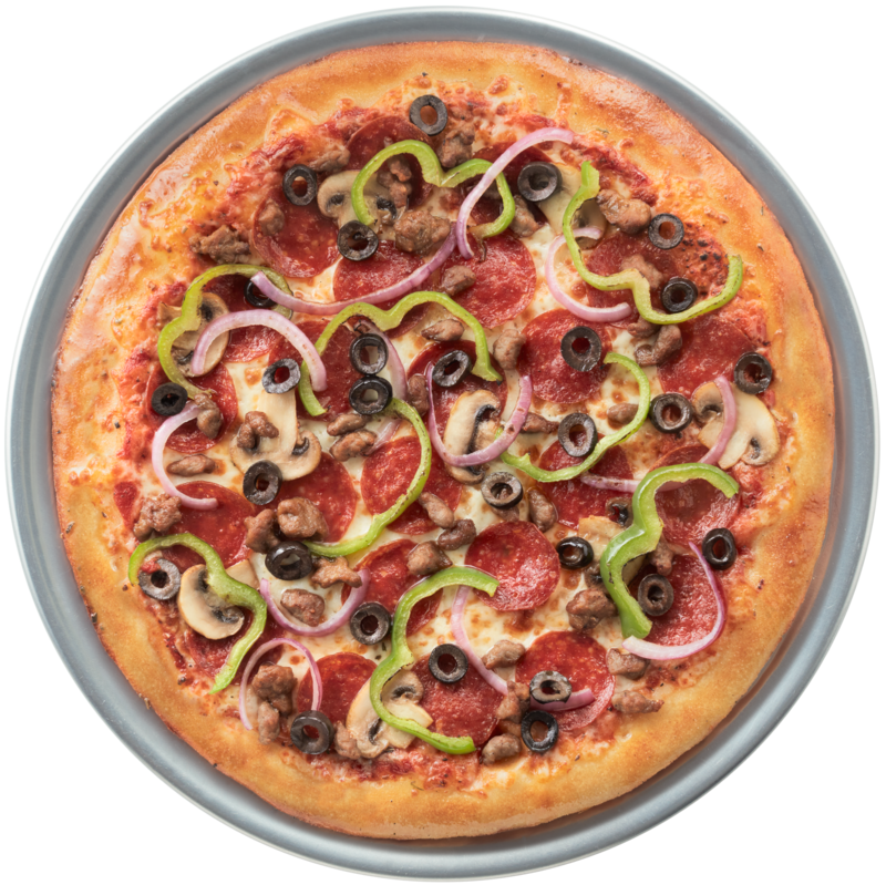 Chuck E. Cheese family fun center pizza on metal tray with pepperoni, sausage, and veggies.