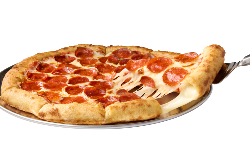 Pepperoni pizza with melted cheese stretch at Chuck E. Cheese family fun center, arcade games and pizza for all ages.