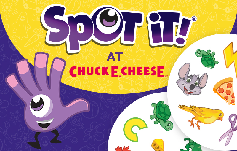 Spot It! at Chuck E. Cheese game logo with various game pieces including Chuck E. Cheese's face.
