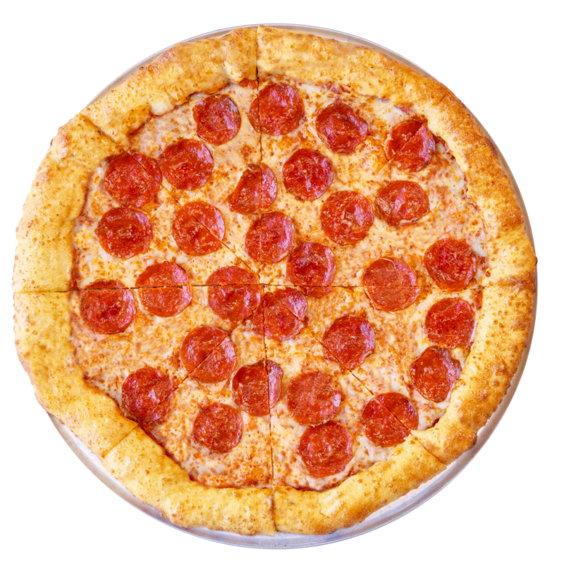 Pepperoni pizza on tray at Chuck E. Cheese