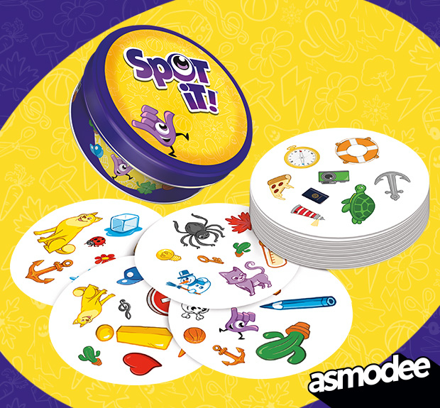 Spot&nbsp;It! cards and tin spread out on a colorful surface
