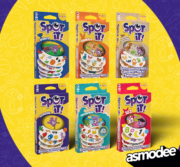 Six Spot&nbsp;It! editions including Sports, Animals, Classic, Waterproof, and 123 displayed together on yellow and purple background