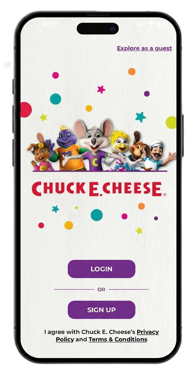 Chuck E. Cheese mobile app login screen showing Login and Sign Up buttons with characters