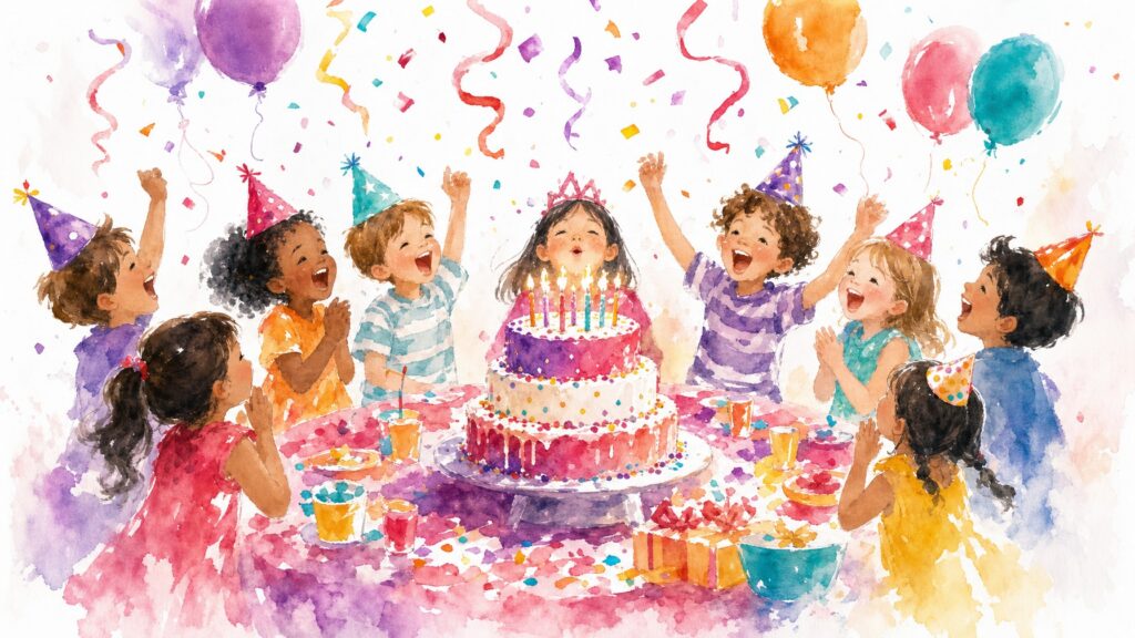 Colorful watercolor birthday table scene with balloons, cake, and confetti representing diverse birthday celebration preferences