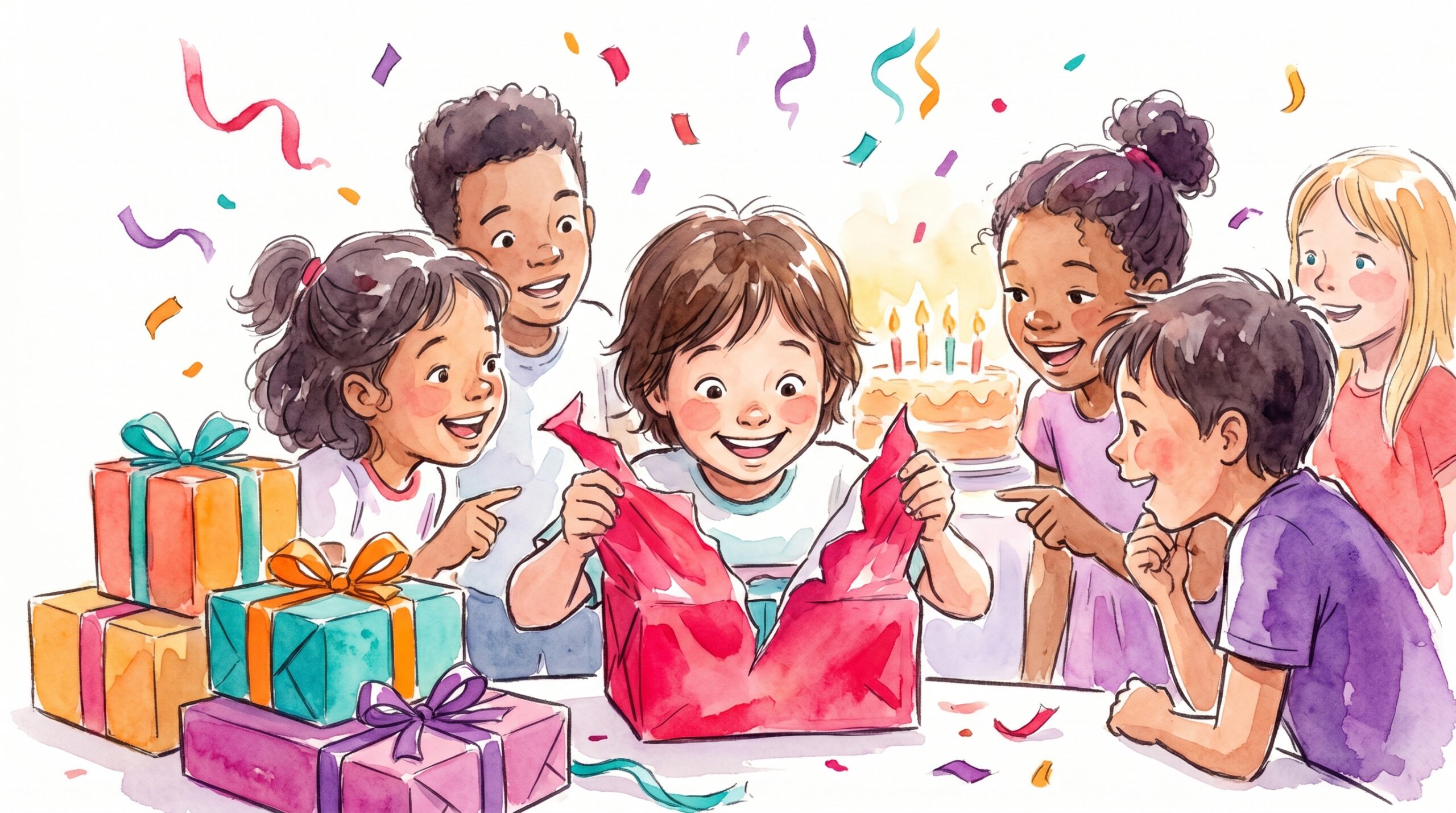 Watercolor illustration of joyful children celebrating a birthday with cake, confetti, and colorful streamers