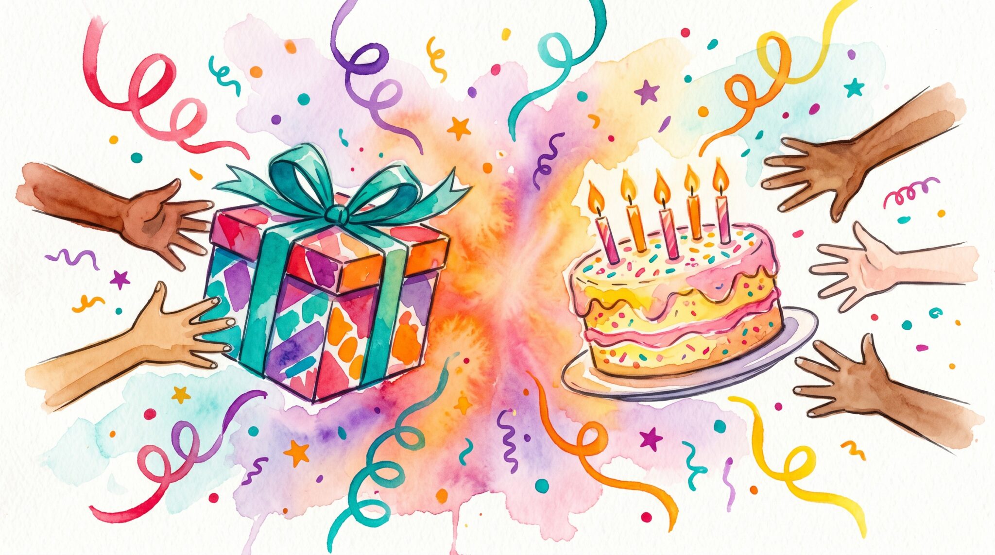 Birthday cake with five candles and a wrapped present in a Chuck E. Cheese party room, with confetti and streamers.