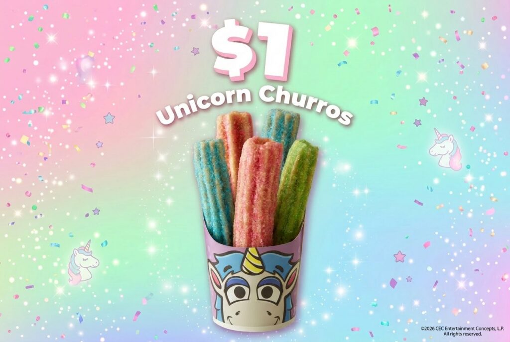 Unicorn Churros in a fun unicorn-themed cup, available for $1 at Chuck E. Cheese.