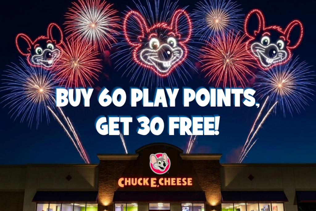 Chuck E. Cheese store exterior at night with fireworks and a promotional offer for play points.