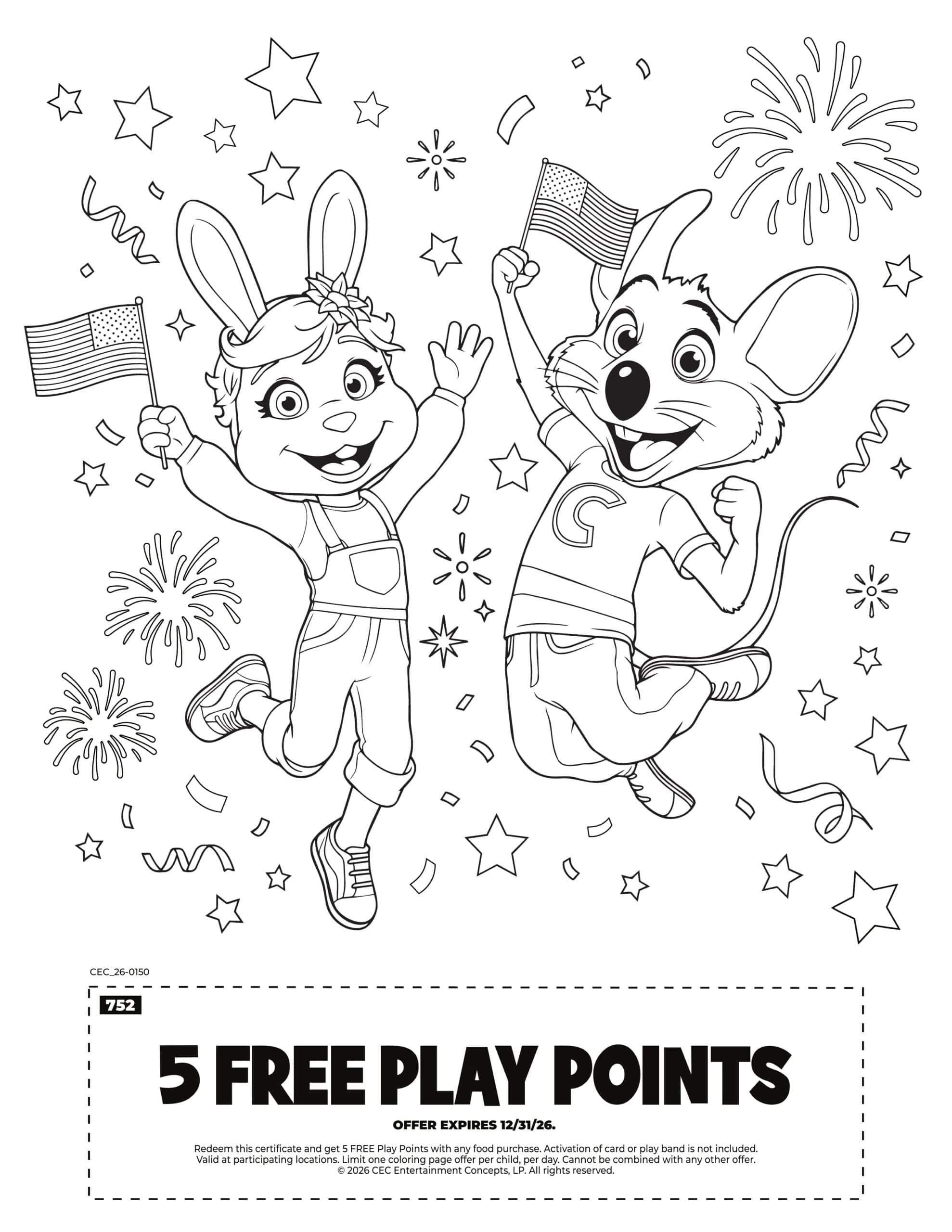 Chuck E. Cheese and Bella holding American flags and jumping excitedly amidst fireworks and stars, ready for coloring.