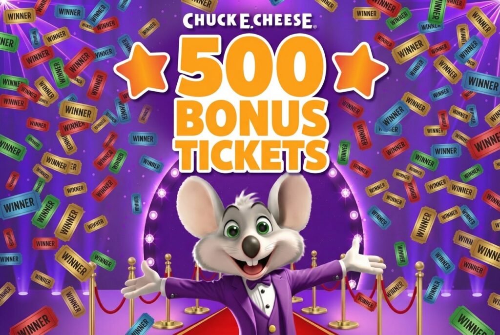 Chuck E. Cheese on a red carpet with 500 bonus tickets falling around him, promoting a special offer.