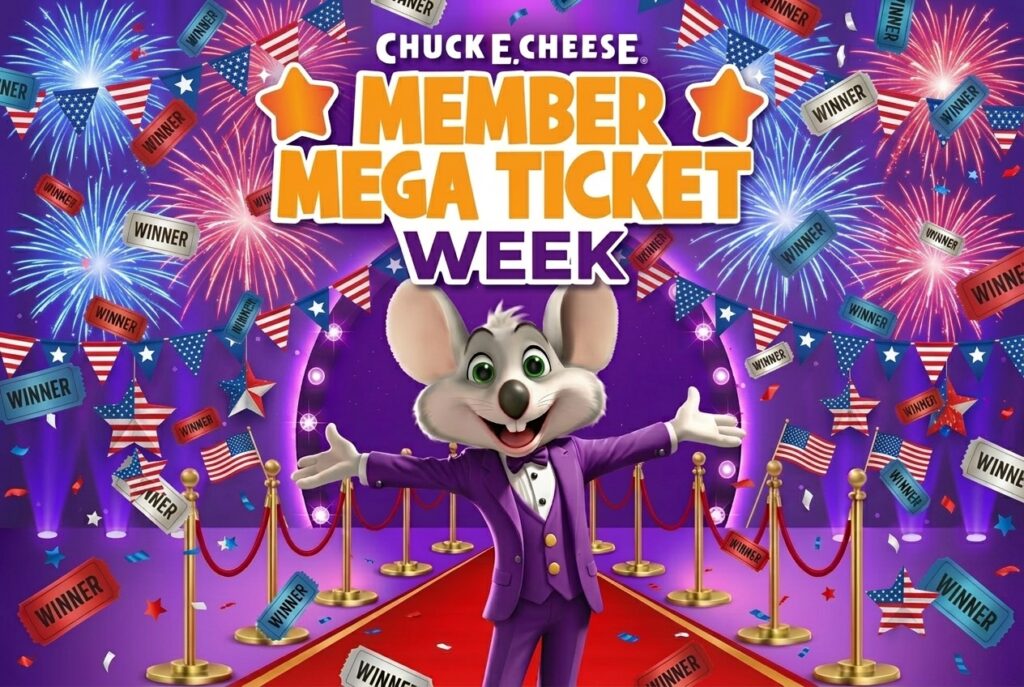 Chuck E. Cheese on a red carpet with fireworks and "Winner" tickets, promoting Member Mega Ticket Week.