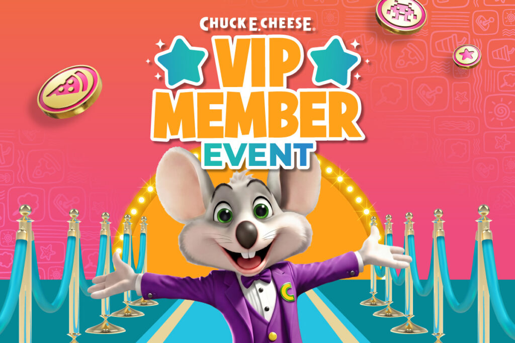 Chuck E. Cheese welcoming guests to a VIP Member Event on a red carpet with gold stanchions and blue ropes.