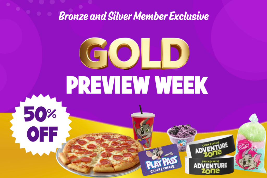 Chuck E. Cheese Gold Preview Week promotion with pizza, drinks, Play Pass, and Adventure Zone wristbands.