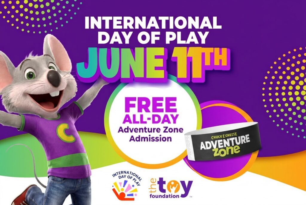 Chuck E. Cheese inviting guests to celebrate International Day of Play with free Adventure Zone admission on June 11th.