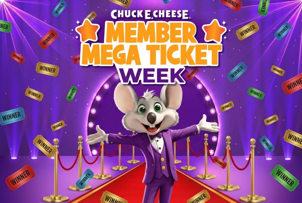 Chuck E. Cheese on a red carpet with falling winner tickets, promoting Member Mega Ticket Week.