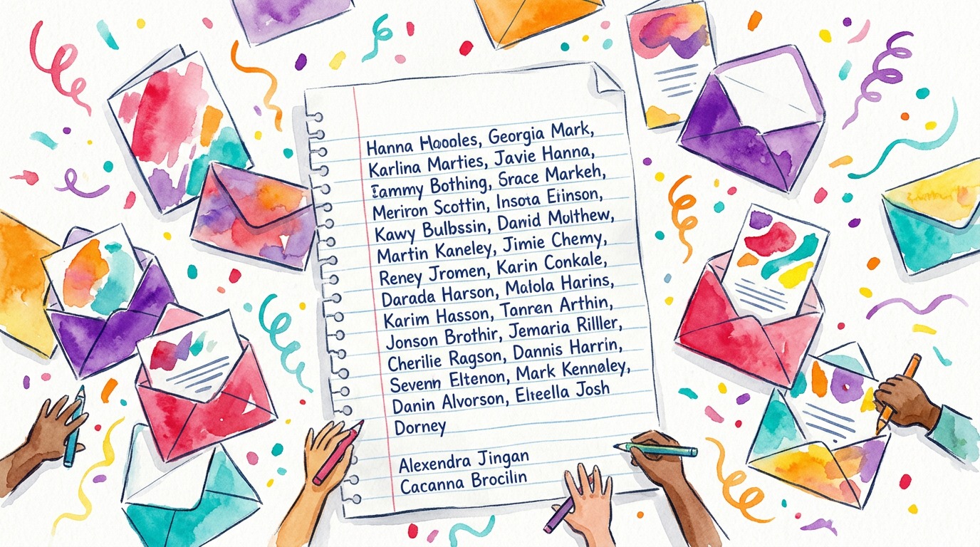 Hands writing a guest list on notebook paper surrounded by colorful envelopes and confetti, symbolizing party planning.