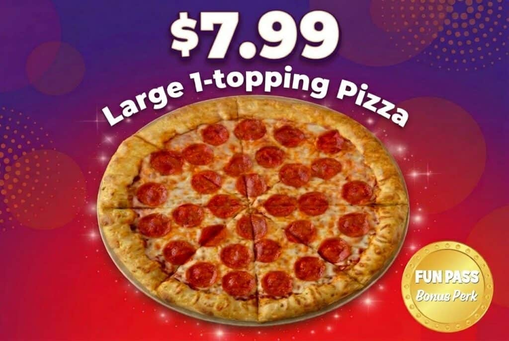 Large pepperoni pizza for $7.99, a Fun Pass Bonus Perk, on a vibrant red and purple background.