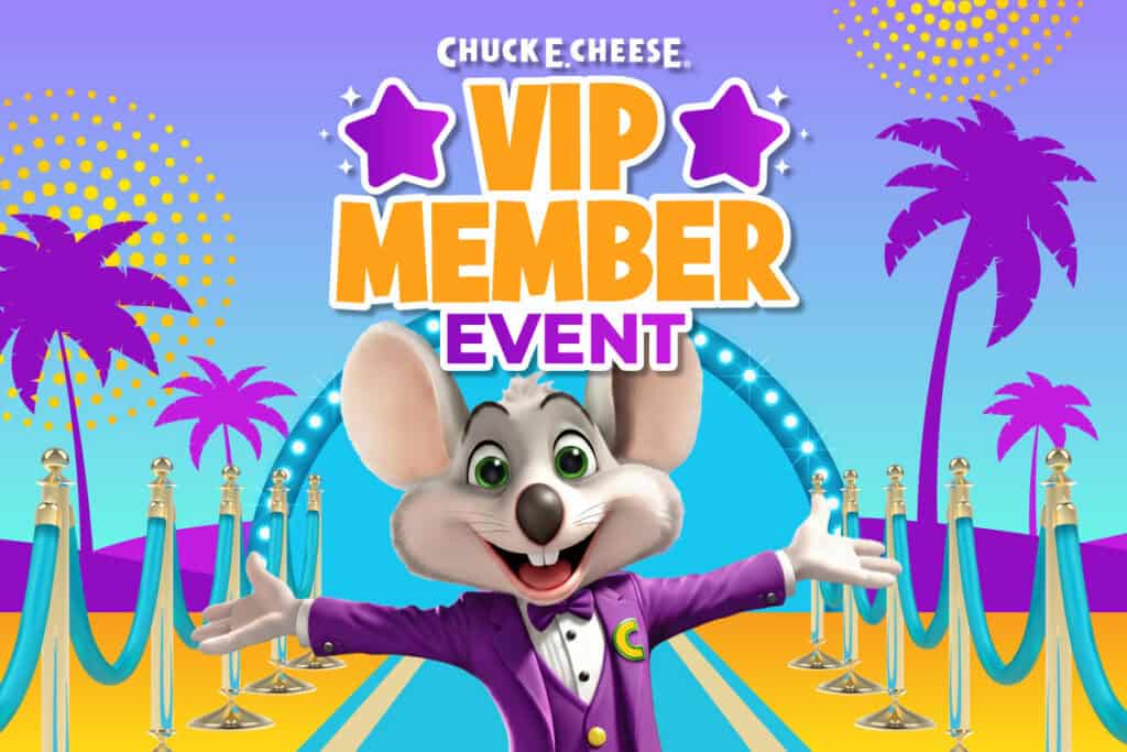 Chuck E. Cheese welcoming guests to a VIP Member Event on a red carpet with palm trees and stars.