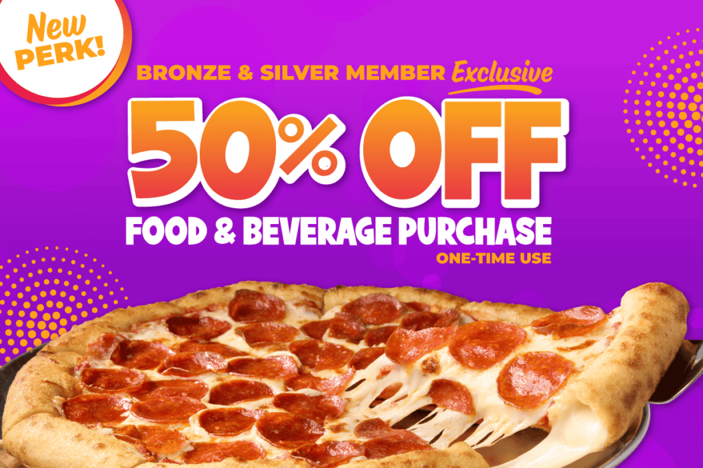 A slice of pepperoni pizza being lifted, showing melted cheese, with a "50% OFF Food & Beverage Purchase" offer for Bronze & Silver members.