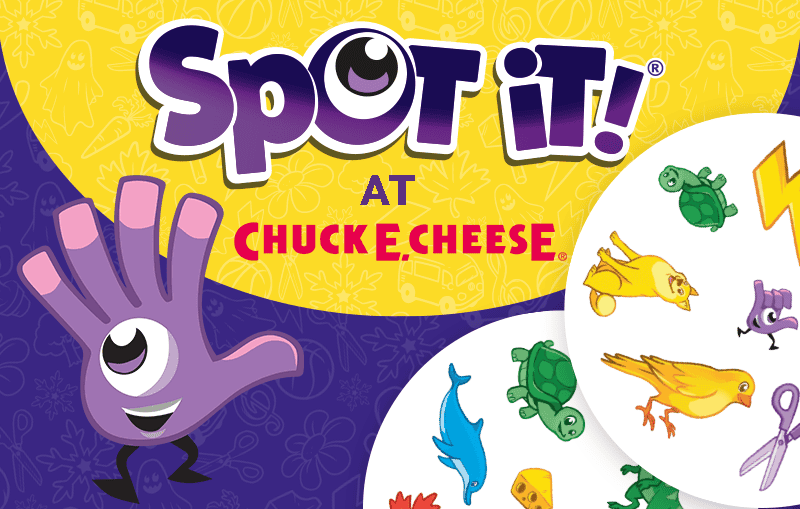 Spot It! at Chuck E. Cheese game logo with various cartoon images like a turtle, dolphin, and cat.