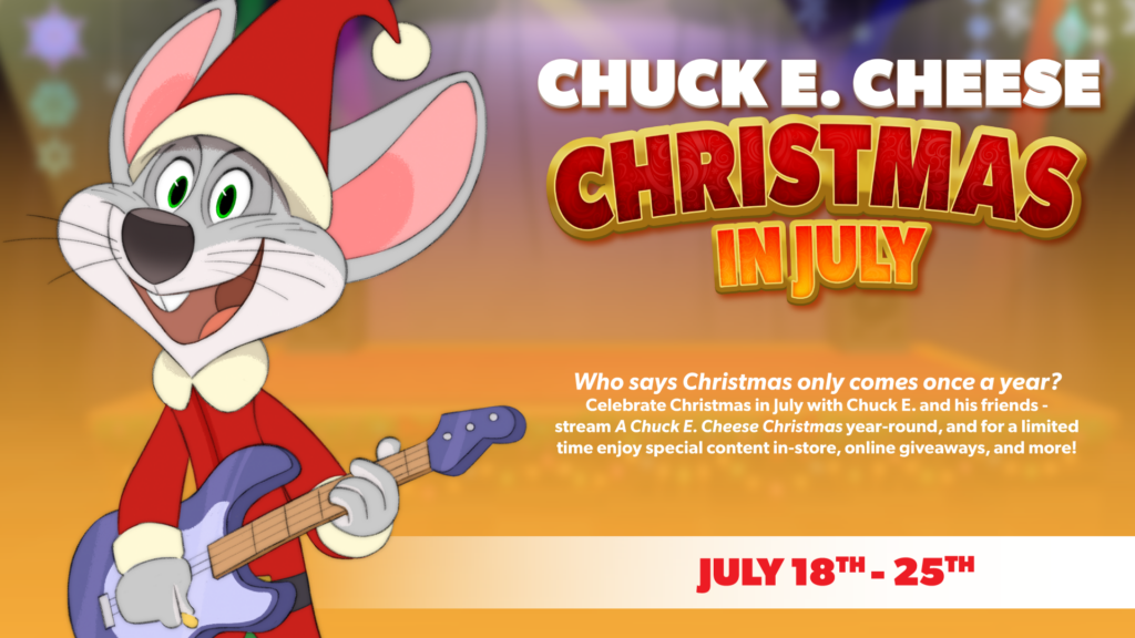 Chuck E. Cheese in a Santa hat playing a guitar, promoting Christmas in July.