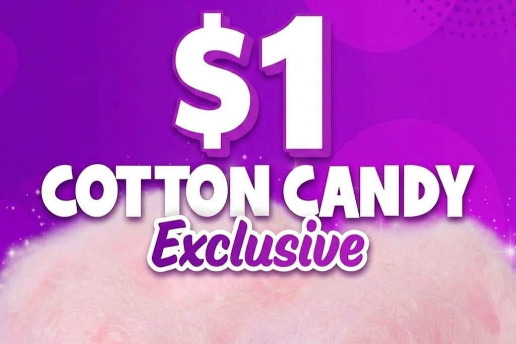 Special offer for $1 cotton candy, an exclusive treat at Chuck E. Cheese.