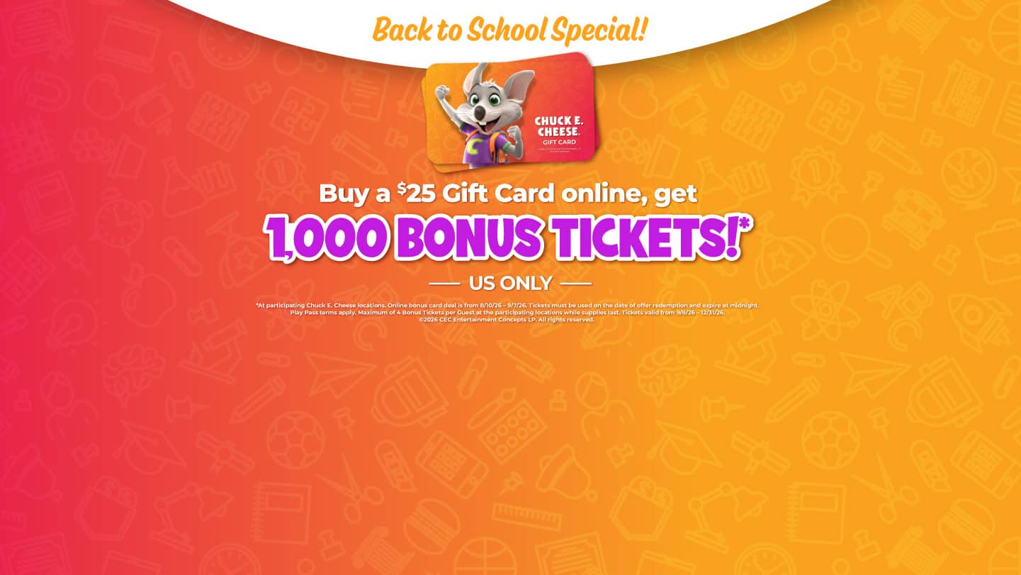 Chuck E. Cheese gift cards with graduation messages and Chuck E. seen by arcade games; blue confetti background. Ages 5–12.