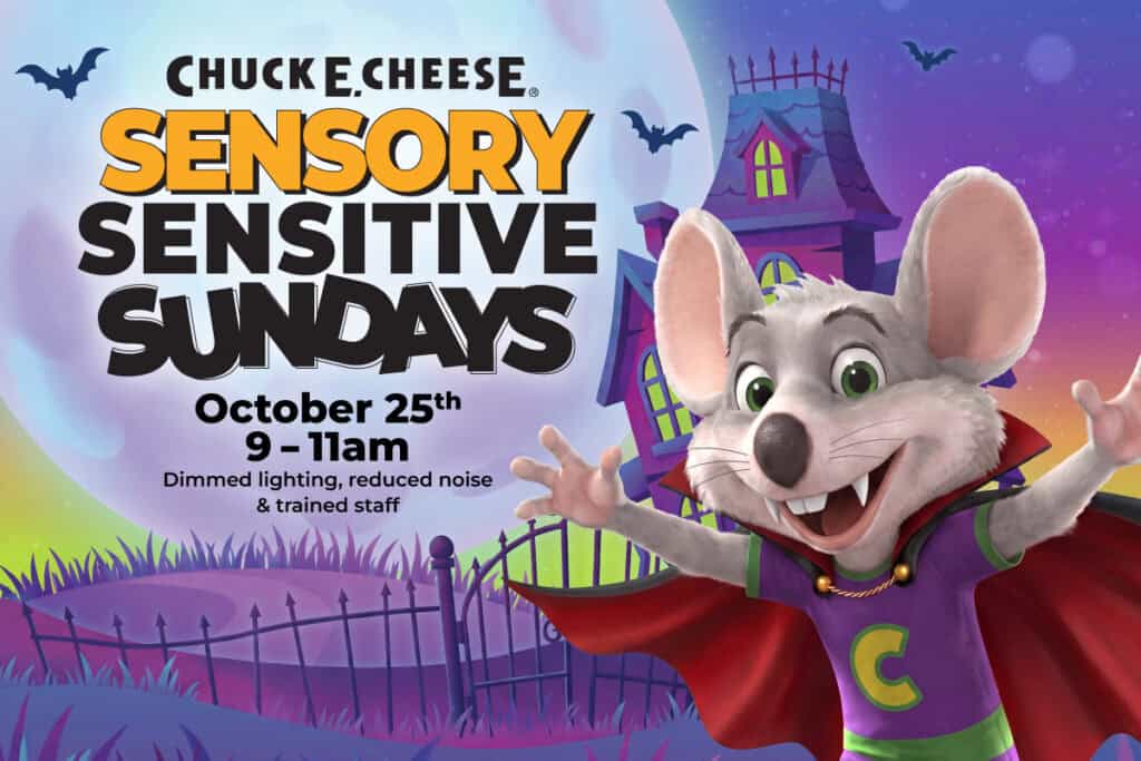 Chuck E. Cheese dressed as a vampire for Sensory Sensitive Sundays, offering a calm and inclusive experience.