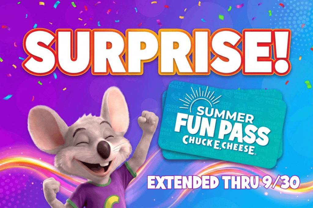 Chuck E. Cheese celebrating the extended Summer Fun Pass offer, valid through September 30th.