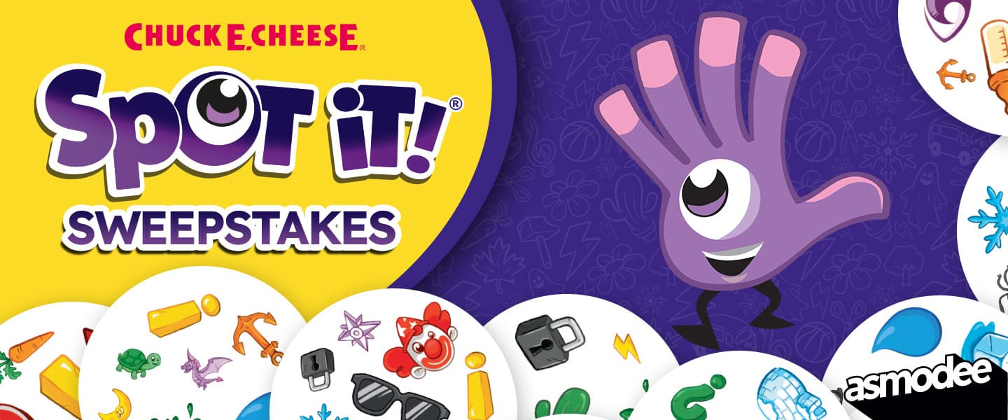Chuck E. Cheese Spot It! Sweepstakes promotional graphic with game pieces and a purple hand character.