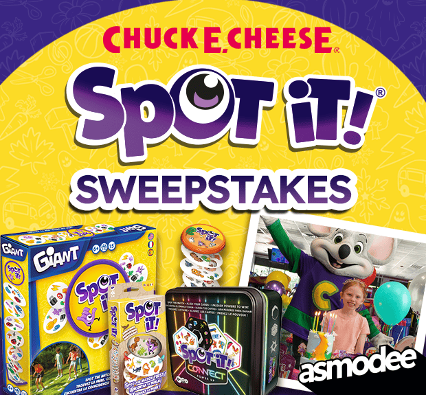 Chuck E. Cheese and a girl celebrating a birthday with a cake and balloons, promoting a Spot It! Sweepstakes.