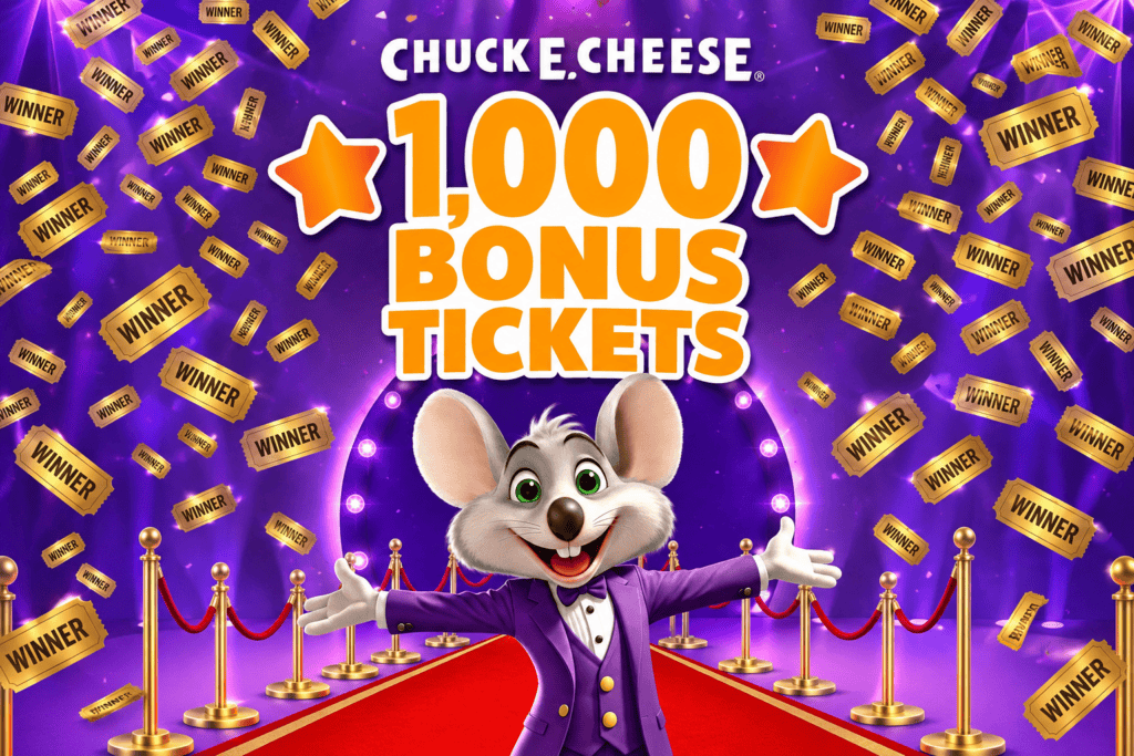 Chuck E. Cheese welcoming guests to win 1,000 bonus tickets on a red carpet with golden winner tickets falling.